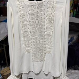 White House Black Market Cream Lace Front Long Sleeve Blouse